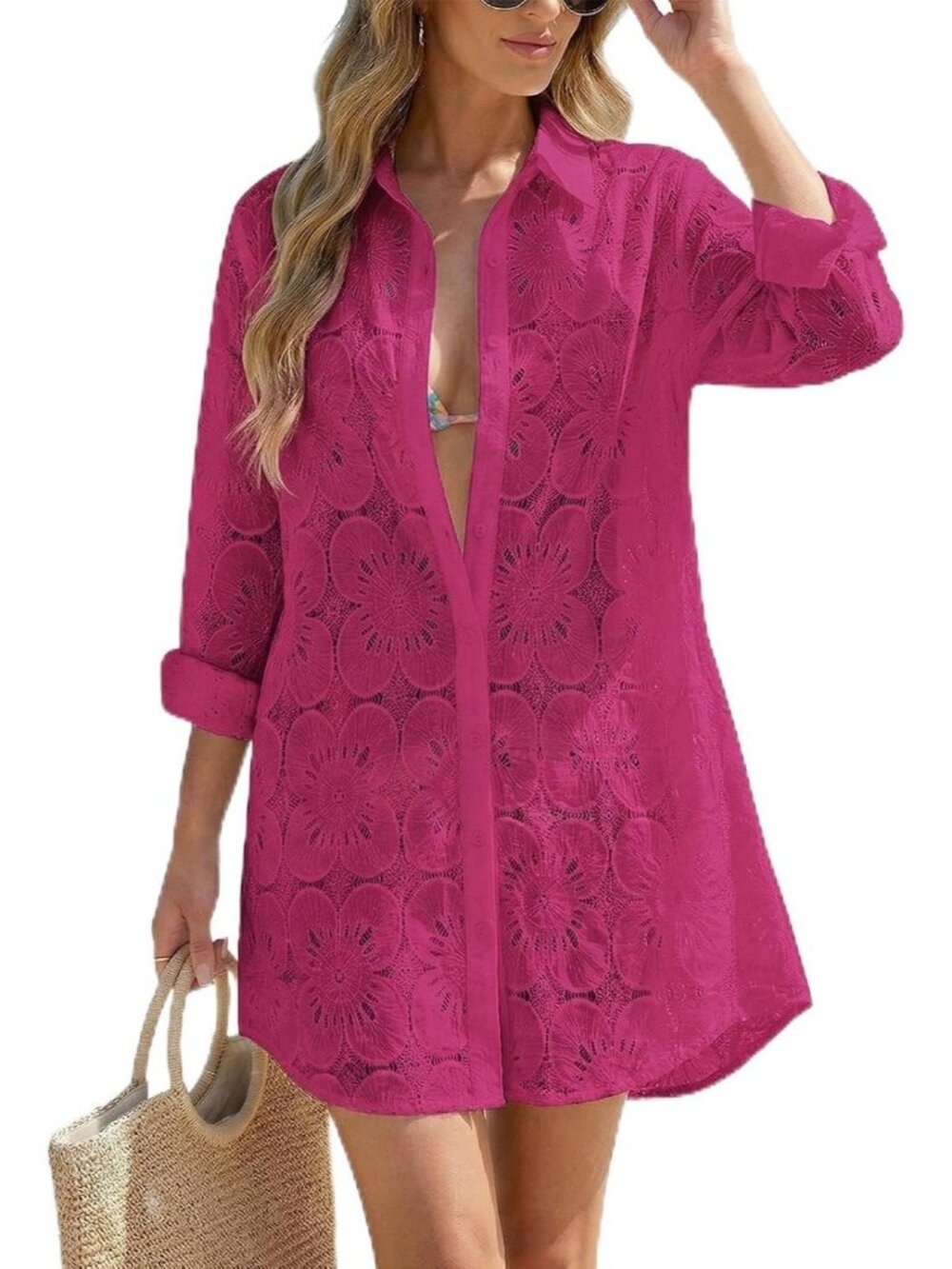 Women's Rose Pink Cotton CoverUp Button Down Shirt Long Sleeve Swimsuit CoverUp